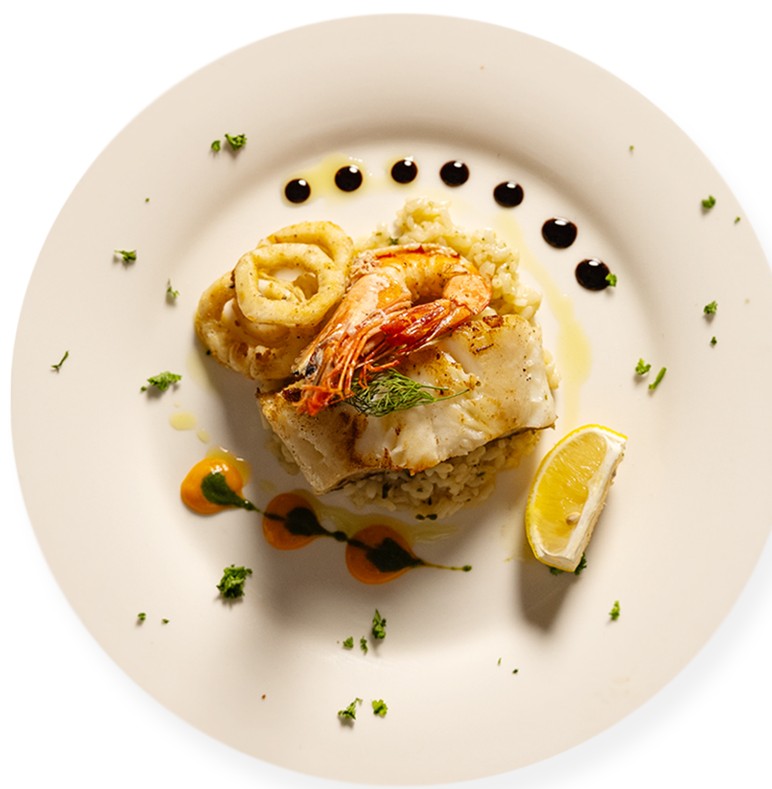 Seared fish fillet with prawn