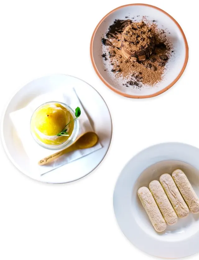 Chocolate dessert, Italian lemon sorbet and savoiardi